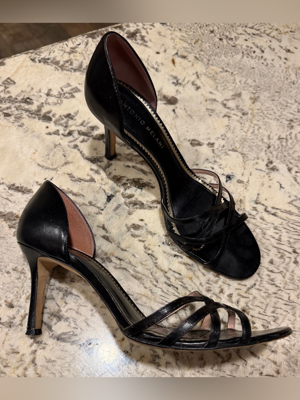 ANTONIO MELANI Black Strappy Open-Toe Dress Heels